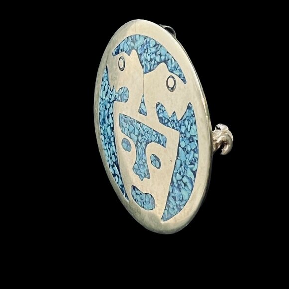 Alpaca Silver With Turquois Chip Inlay Aztec Pendant/Brooch Signed Alpaca (5191) - Picture 3 of 7